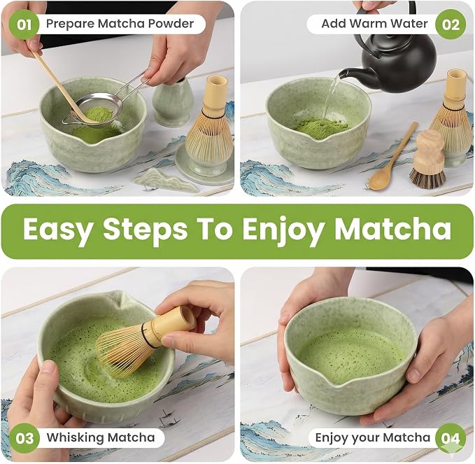 Traditional Matcha Whisk Set, 10 Pcs - 450ml Matcha Bowl and Whisk, Whisk Holder, Bamboo Scoop & Spoon, Matcha Sifter, Scoop Holder, Silicone Coaster, Tea Brush & Cloth – Matcha Kit for Tea Lovers