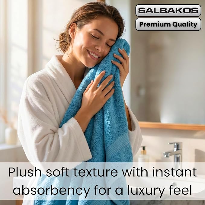 SALBAKOS 100% Turkish Cotton Bathroom Towel Set of 6-Piece, Aqua | 630 Gsm Thick Super Soft Highly Absorbent 2 Bath + 2 Hand + 2 Washcloth Towels Sets, Giftable, Hotel Quality, Made in Turkey