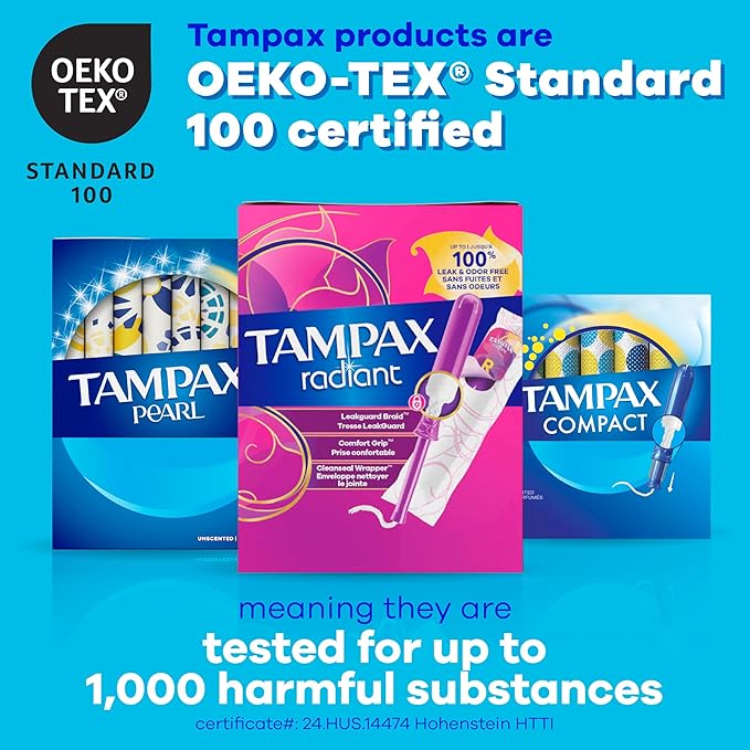 Tampax Radiant Tampons Multipack, with LeakGuard Braid, Regular/Super/Super Plus Absorbency, Up to 100% Leak and Odor Free Protection, Unscented, 77 Count