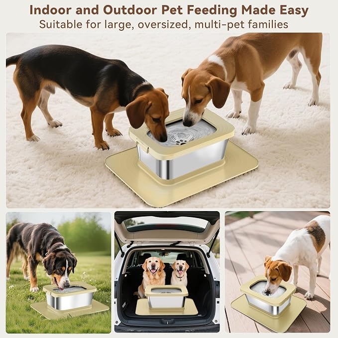 10L No Spill Dog Water Bowl Stainless Steel for Messy Drinkers | Large Capacity Slobber Stopper, Slow Drinking Anti Splash Design, XXL Silicone Mat, For Large Dogs & Multi-pet Homes, Beige