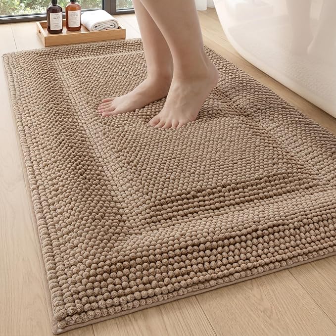 DEXI Bath Mats for Bathroom 43x24, Non Slip Washable Bathroom Rug, Thick Soft Chenille Absorbent Bathmat for Shower Floor, Fluffy Shaggy Carpet for Tub, Dark Beige
