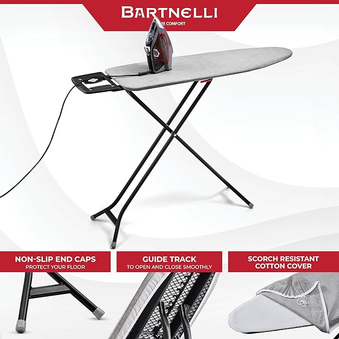 Bartnelli Extreme Stability Ironing Board 43x13 Upgraded Heavy-Duty Metal Frame & Iron Rest, Height Adjustable, Foldable, 4 Non-Skid Feet, 100% Cotton Cover, Made with Patent European Engineering