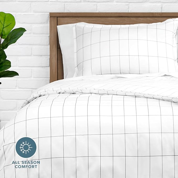 Bare Home Bedding Duvet Cover King Size - Premium 1800 Super Soft Collection - Lightweight, Cooling - Soft Breathable Bedding Duvet Cover (King, Grid - White/Grey)