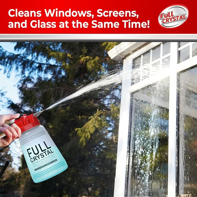 Full Crystal Window Cleaning Kit – 8 oz Glass Cleaner and Bottle with 27 ft Reach, Each 4 oz Bag Makes Up to 640 fl oz, Cleans Up to 40 Windows, Scrub-Free, Rinse-Free