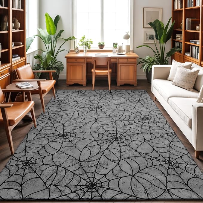 Large Area Rug 4'x6', Grey Halloween Washable Rectangular Area Rugs for Living Room Bedroom Office, Black Spiders Net Classic Gingham Non Slip Kitchen Rug Mats Indoor Floor Accent Throw Carpet