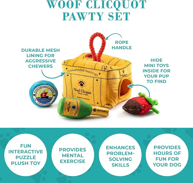 Haute Diggity Dog Woof Clicquot Pawty Set, Plush Designer Dog Toys with Interactive Squeaker, Stimulating Pet Enrichment, Machine-Washable & Safe Materials for All Breeds, One Size