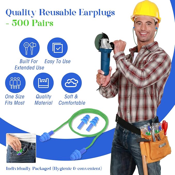Relaxweex 500 Pairs Corded Ear Plugs Bulk 25dB NRR Reusable Silicone Ear Plug with String Individually Wrapped Earplugs for Sleeping Noise Reduction Hearing Protection Shooting Work (Green Blue)