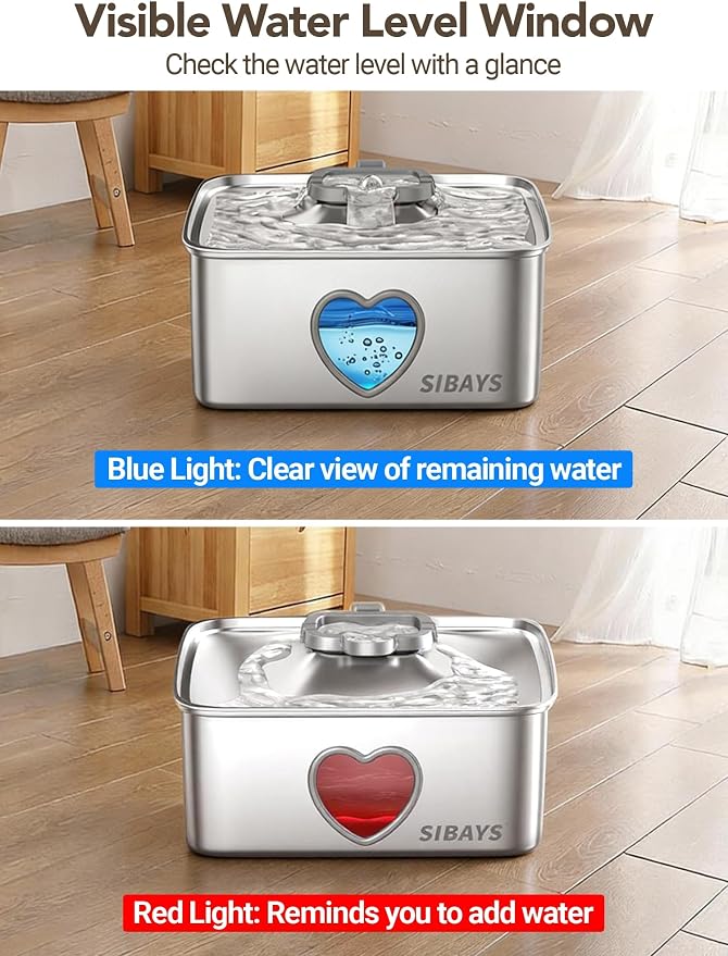 SIBAYS 15L Large Dog Water Fountain, 4 Gal Stainless Steel Pet Water Fountain for Dogs Inside, Ultra Quiet Automatic Dog Water Bowl Dispenser with Water Level Window & LED Light, Easy to Clean FS80