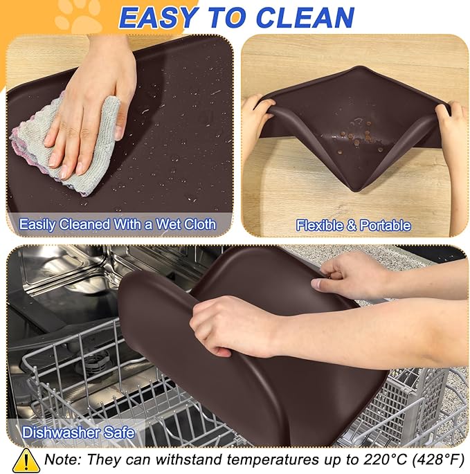 SMILOOL Waterproof Silicone Pet Food Mat with Raised Edge for Dog & Cat | 22" x 14" Non-Slip Pet Feeding Mats with Lip for Food & Water Bowl, Food Grade, Easy Cleaning, Dark Brown