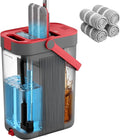 SONGMICS Mop and Bucket Set, Flat Mop with 3-Chamber Clean & Dirty Water Separation System, Wringer Bucket, 360° Rotating Head, 4 Microfiber Pads, Gray and Red ULMB001GT04