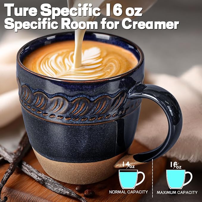 Artena Ceramic Coffee Mugs Set of 4, 16oz Embossed Large Latte Mugs Coffee Cups with Handle for Tea, Latte, Cappuccino & Cocoa, Milk Dishwasher & Microwave Safe, Blue (Willow Leaf)