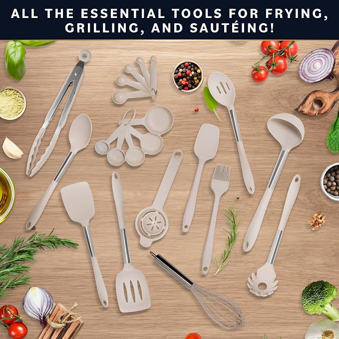 Home Hero Silicone Kitchen Utensils Set - Heat Resistant Non-Scratch Cooking Utensils - Ergonomic Silicone Spatula Set - Dishwasher Safe Kitchen Tools - 26 Piece, Stone