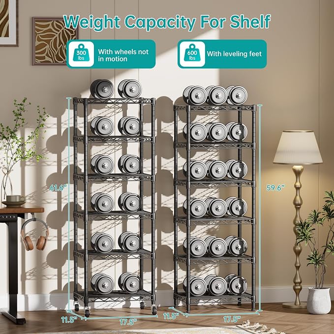 SINGAYE 6 Shelves Storage Shelf Wire Shelving Unit Metal Adjustable Wheels | Small Shelf Storage with Wheels Organizers Closet Unit for Bathroom Laundry Room Kitchen Pantry11.5D x 17.5W x 61.5H Black