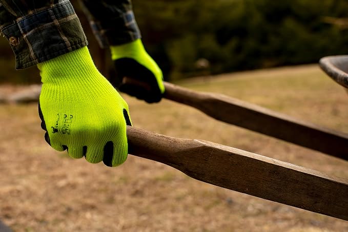 G & F 1516 Premium High Visibility Work and Gardening Gloves for Men and Women, 12 Pairs Pack, MicroFoam Textured Coated Palm and Fingers, Size Small, Green