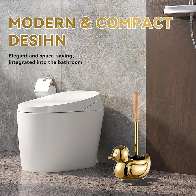 Gold Toilet Brush and Holder Set - Wooden & Stainless SteelHandle Gold Toilet Bowl Brush and Holder with Replaceable Head- Dense Bristles for Thorough Cleaning,Duck Design for Bath Decor Storage