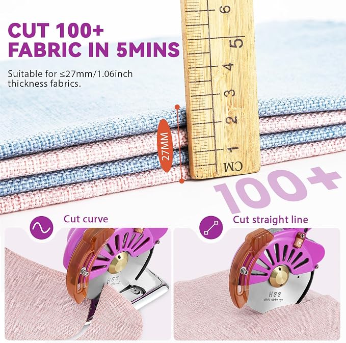 BAOSHISHAN 100mm Plug-in Electric Fabric Rotary Cutter Heavy Duty | Speed Adjustable Round Blade Fabric Cutting Machine for ≤1.06 inch Thickness Multilayer Fabric Leather Cloth Carpet (Purple)