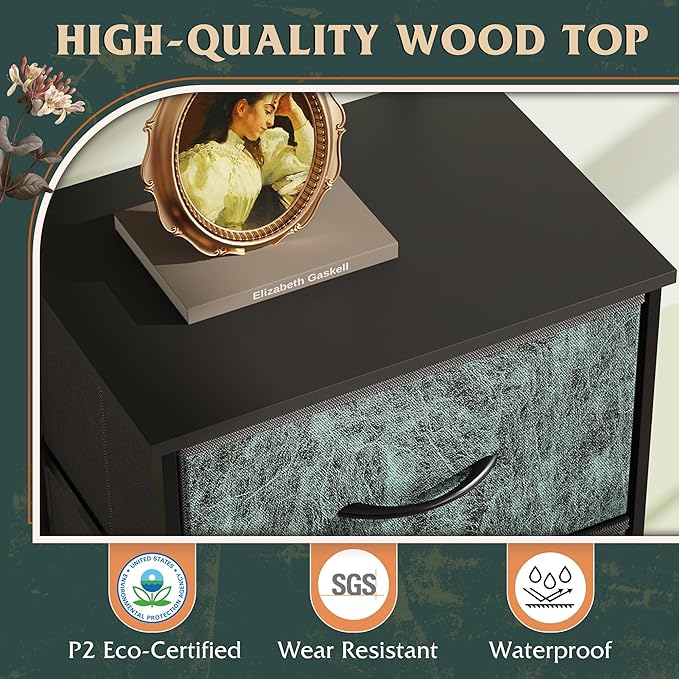 WLIVE Fabric Dresser, 5-Drawer Tall Dressers for Bedroom, Storage Dresser Organizer with Fabric Bins, Wood Top, Sturdy Steel Frame, Chest of Drawers for Closet, Hallway, Vintage Green