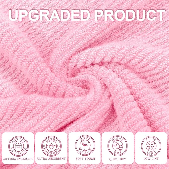 VOOVA & MOVAS 3PC Towel Set, 100% Cotton, Pink | 1 Large Bath 30x56 In, 1 Hand 18x28 In, 1 Washcloth 13x13 In, Quick Dry, Thick, Bathroom Essentials