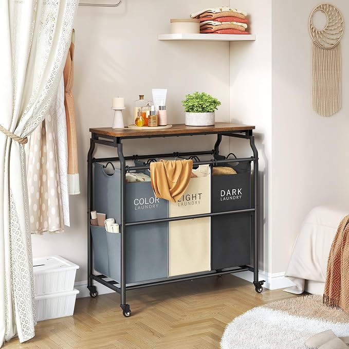 Hoctieon 3 Section Laundry Sorter with Iorning Board, Hamper with Wheels | Black+Gray+Beige,Lockable Wheels, Laundry Basket Organizer, Heavy Duty Clothes Separator, Removable Bags,Rolling Laundry Cart