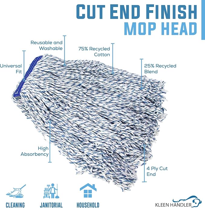KLEEN Handler Cut End Finish Mop | 1.25" Universal Headband Maximum Absorption Finishing Mop, Pack of 3