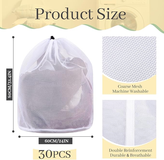 30 Pcs 24 * 32 Inches Fine Mesh Laundry Bag with Drawstring Large Heavy Duty Mesh Bag Machine Washable Sheet Drawstring Net for Delicates College Dorm