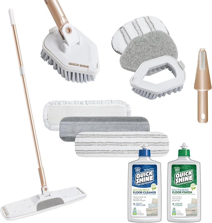 Quick Shine Ultimate Gold Clean + Polish Mop Kit, 11 Pc Set w/Interchangeable Attachments, Cleaner & Finish Included | 2-in-1 Pro Cleaning System w/ Microfiber Pads | All Floors | No Batteries Needed