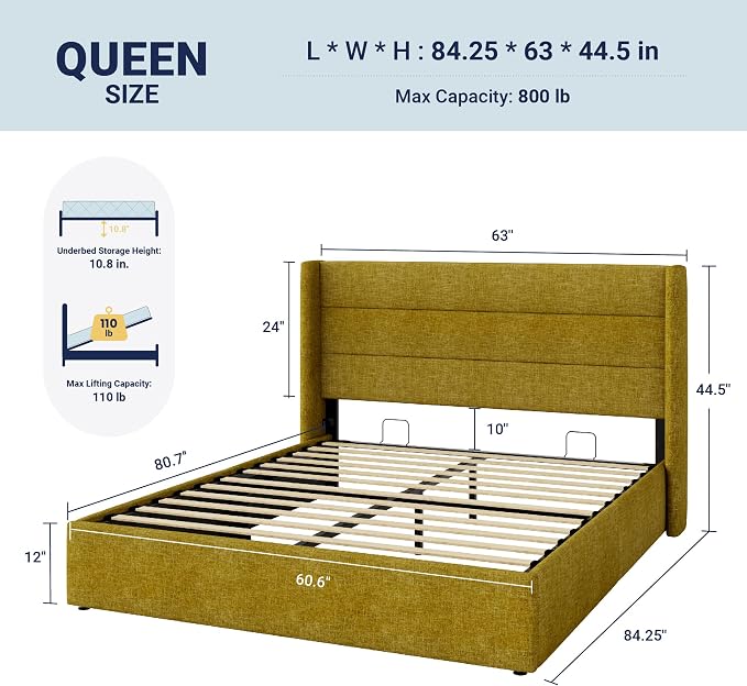 Allewie Queen Size Lift Up Hydraulic Storage Bed Frame Olive Yellow | Modern Wingback Headboard, Hydraulic Support Storage, No Box Spring Needed