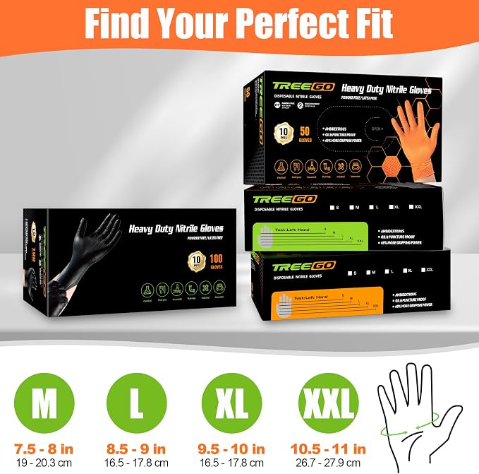 TREEGO 10 Mil Heavy Duty Black Nitrile Mechanic Gloves, 100 Count M | Diamond Grip Rubber Gloves, Latex & Powder Free for Auto Repair, Routine Maintenance, Tool Handling & Shop Work