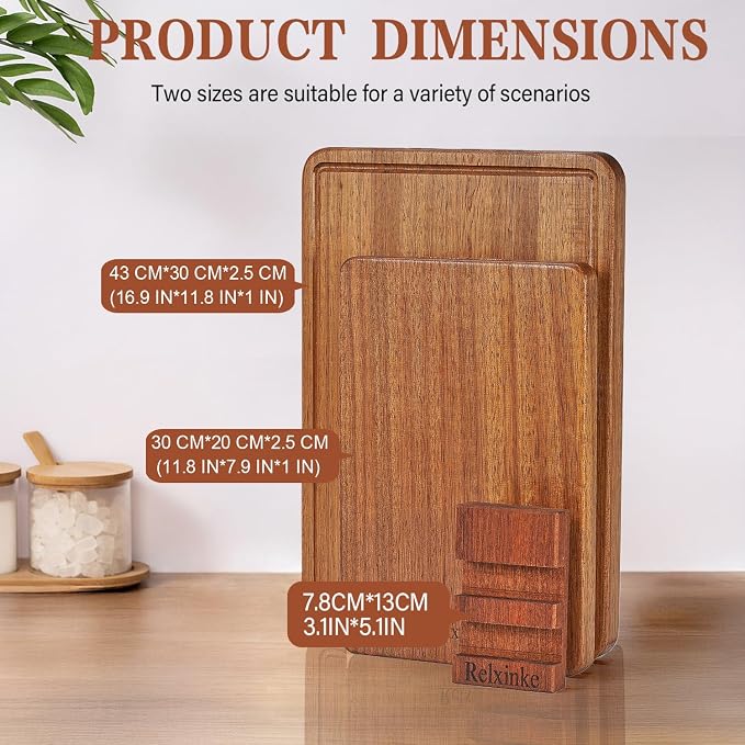 Solid Teak Wood Cutting Board Set One Piece Non Glued Large Thick Crack Resistant Wooden Chopping Board with DeepJuice Grooves Built in Handles for Kitchen Meat Bread 16.9x11.8IN &11.8*7.9IN