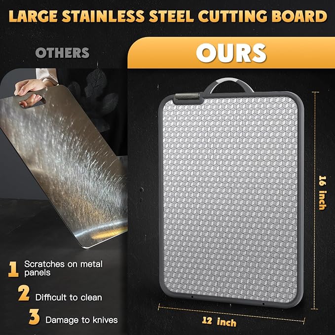 Large Stainless Steel Cutting Board, 16 Inch Double Sided Chopping Board for Kitchen, Non Toxic, Scratch-resistant Mesh Design, Juice Groove, Dishwasher Safe, 304 Stainless Steel and Wheat Straw PP