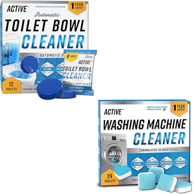 ACTIVE Automatic Toilet Bowl Cleaner and Washing Machine Cleaner - Includes 12ct Toilet Bowl Cleaning Tablets and 24ct Washer Cleaning Tablets