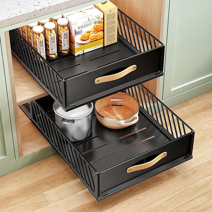 Pull out Cabinet Organizer,Heavy Duty Slide out Pantry Shelves Drawer Storage with Adhesive Nano Film,Sliding Mesh Cabinet Basket with Handle for Kitchen, Bathroom, Home, 15.8"W X 21"D X6.2"H,Black