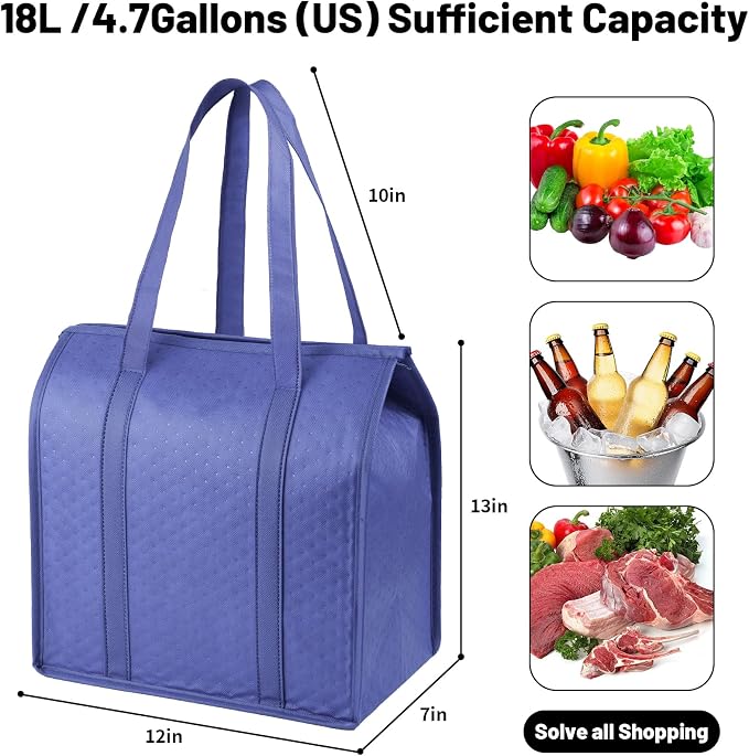 10pcs Insulated Grocery Bags with Zippered Top for Frozen Food Shopping Groceries Travel Insulated Tote Cooler Thermal Bags Hot and Cold Storage Reusable Bag with Reinforced Handles