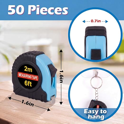 Kanayu 50 Pcs Mini Tape Measure Keychains 6 ft Small Retractable Measuring Tape Bulk with Lock Steel Easy Read Pocket for Birthday Party Favors Daily Use (Aqua Blue)