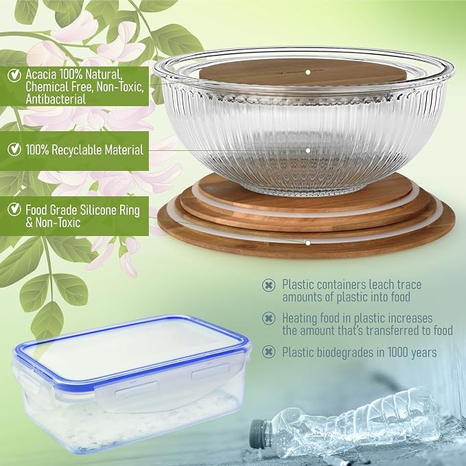 Set of 3 Stackable Space-Saving Nesting Glass Salad Bowls with Acacia Lids for Foodprep, Storage, Baking, Mixing & Cooking - Microwave Safe Durable Inert Borosilicate Glass