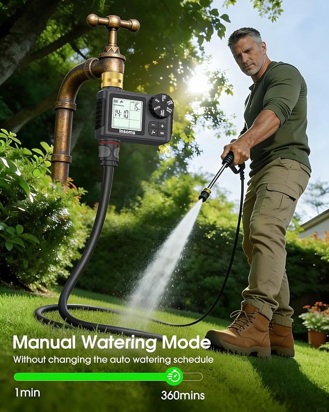 Water Timer for Garden Hose with 100% Metal Pipe, Programmable Sprinkler Controller for Garden Faucet with Auto/Manual/Rain Delay Mode, Irrigation Timers for Lawn, Yard, Outdoor Plants