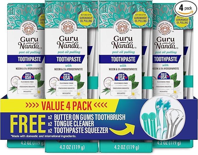 GuruNanda Hydroxyapatite Toothpaste for Whitening with Neem & Xylitol, SLS & Fluoride Free (4 Pack) - Freshens Breath, Fights Plaque - with 2 Toothbrushes, 2 Tongue Scrapers & 2 Tube Squeezers