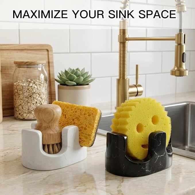 White Marble Sponge Holder for Kitchen Sink, 2-in-1 Sponge & Brush Holder with Raised Edge, 2 Slot Natural Stone Sink Caddy for Countertop, Keeps Countertops Dry, Non-Slip Base, Modern Kitchen Decor