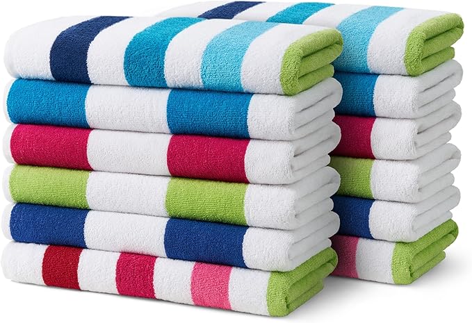 Ben Kaufman Cabana Stripe Beach & Pool Towel - Large Cotton Terry Beach Towel - Soft & Absorbant - Assorted Colors - 30" x 60" - 12 Pack