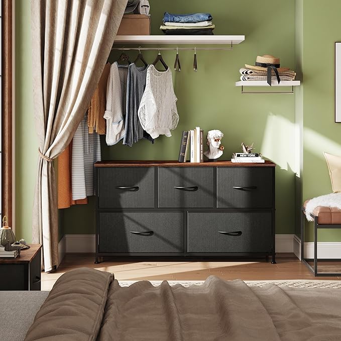 WLIVE Dresser for Bedroom, 5 Drawer Fabric Dresser, Black and Rustic Brown | 5 roomy fabric drawers, Wide storage design, Bedroom or closet use, Chest of drawers, Smooth wood tabletop