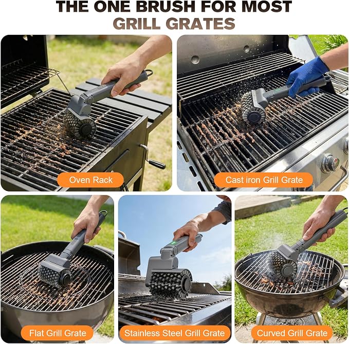 Electric Grill Brush, Cordless Rechargeable Electric Grill Cleaner with 2 Heads, 3 Speeds, Angle Adjustable, 150-Min Runtime BBQ Brush for Outdoor Barbecue Grates
