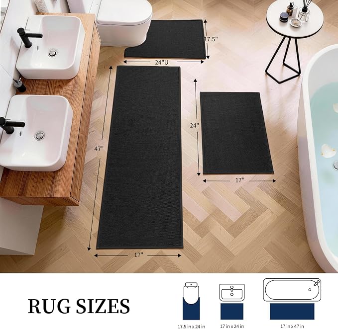 YIHOUSE Black Bathroom Rugs Sets 3 Piece, Quick Dry Thin Bath Mat with Toilet Rug, Non Slip Absorbent Machine Washable, Bath Runner Rugs for Bathtub Sink Home Decor