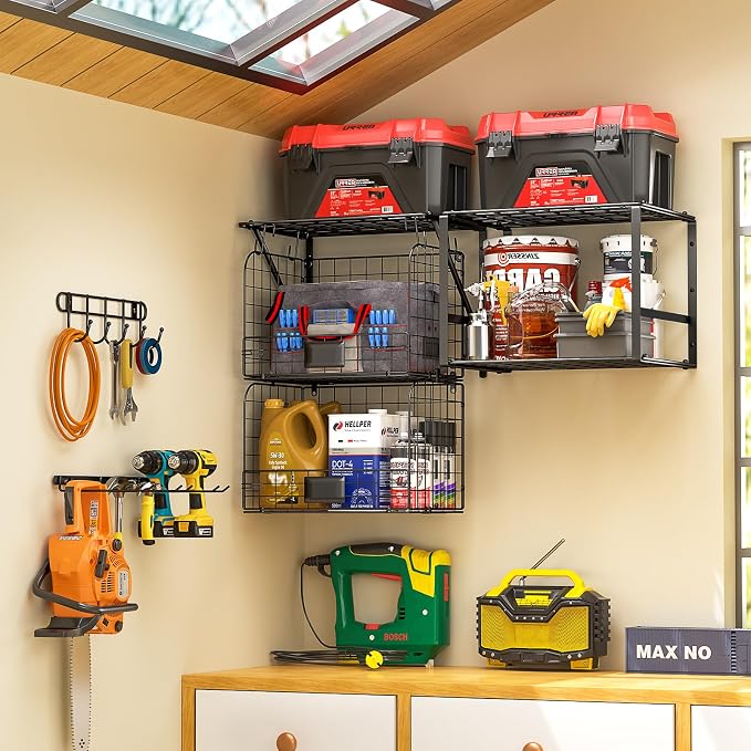ThreeHio Garage Shelf Wall Mounted with Wire baskets, Heavy Duty Garage Wall Shelving with Garden Tool Rack and Hooks, Wire Shelf Baskets Tool Organizer for Home Garden Yard Organization and Storage