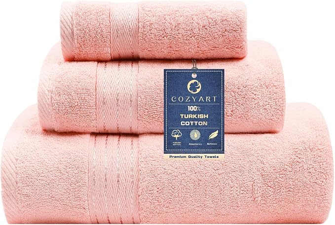 COZYART Luxury Bath Towel Set 3 PCS, Pink 100% Turkish Cotton 650 GSM | OEKO-Tex 100 Certified Zero Twist Ring Spun, Soft Absorbent Quick Dry, Plush Fluffy, Breathable Hotel Quality for Daily Use