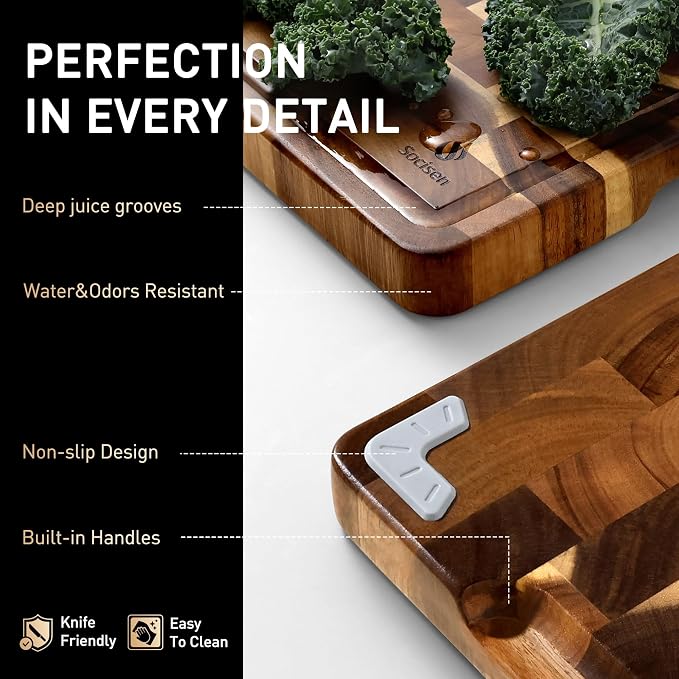 End Grain Cutting Board for Kitchen with Non-slip Feet, Acacia Wood Heavy Duty Checkered Cutting Board Upgraded Chopping Board with Juice Groove & Handle Large Wooden Butcher Block with Gift Box