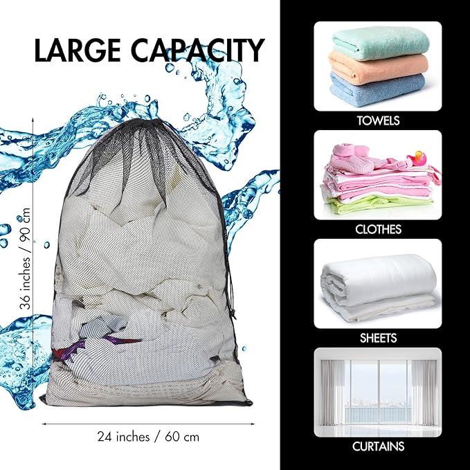 Berlune Large Mesh Laundry Bags, 24 x 36 Inch Bulk Wash Set with Drawstring for Commercial Use, Dorms, Vacation Rentals, Laundromats, Apartments & Facilities(Black,30)