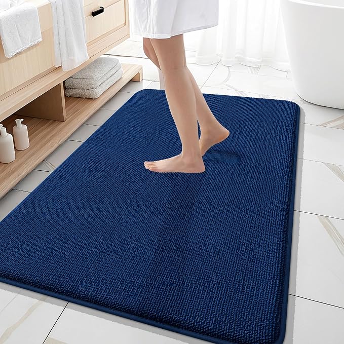 OLANLY Thick Memory Foam Large Bathroom Rug 59x35, Absorbent Bath Mat, Navy | Soft Quick Dry Bath Mat Rugs, Non-Slip, Machine Washable Mat for Bathroom Floor, Tub and Shower, Home Decor Accessories