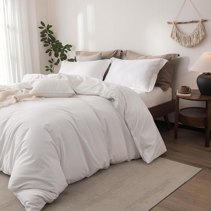 Linen Feel Duvet Cover Queen Size 90inch x 90inch,100% Washed Cotton Duvet Cover with Zipper Closure and 2 Pillowcases, Color of Bright White