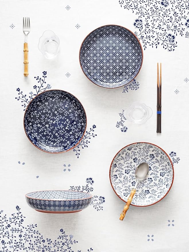 LE TAUCI Pasta Bowl 32 oz, Ceramic Salad Bowl, Japanese-Style Plate Bowls for Serving Pasta, Fruits, Salad, Noodle, Dinner, Soup, Mircrowave Oven Dishwasher Safe - 8.2 Inch, Set of 4, Vintage Blue