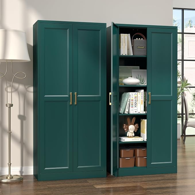 Steeloong 71"Metal Pantry Storage Cabinet with Doors & 4 Adjustable Shelves | Kitchen Pantry Cabinet,Green Kitchen Cabinet with 2 Gold Handles,Tall Cabinet for Livingroom,Pantry, Bathroom,Kitchen